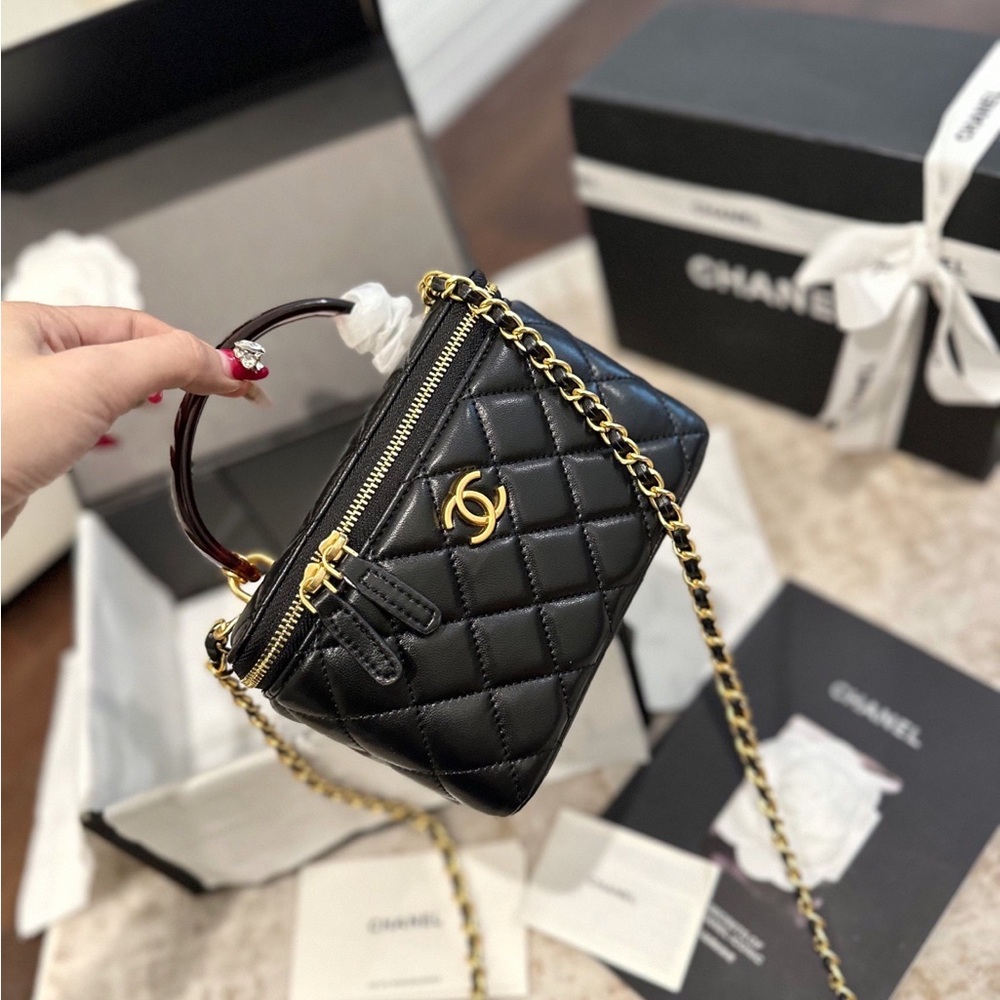 Chanel Black Vanity Case with Tortoiseshell Handle